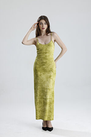 Yırtmaçlı Askılı Likralı Viskon Elbise | ELB35782 FISTIK YEŞİLİ BATİK