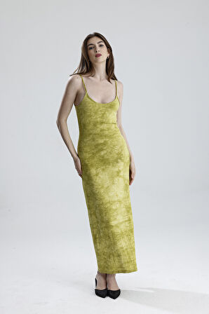 Yırtmaçlı Askılı Likralı Viskon Elbise | ELB35782 FISTIK YEŞİLİ BATİK