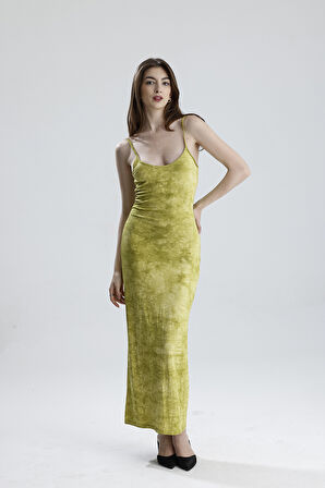 Yırtmaçlı Askılı Likralı Viskon Elbise | ELB35782 FISTIK YEŞİLİ BATİK