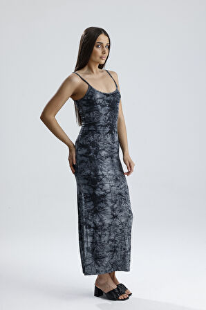 Yırtmaçlı Askılı Likralı Viskon Elbise | ELB35782 Gri Batik