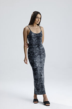 Yırtmaçlı Askılı Likralı Viskon Elbise | ELB35782 Gri Batik