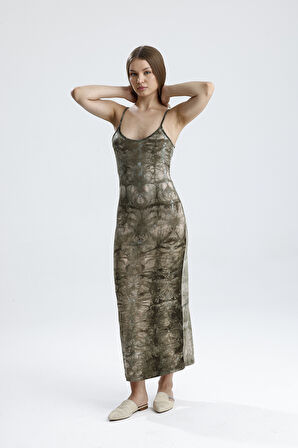 Yırtmaçlı Askılı Likralı Viskon Elbise | ELB35782 HAKİ BATİK