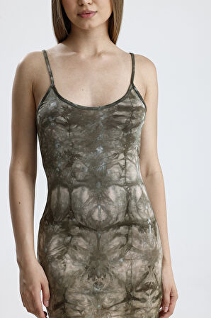 Yırtmaçlı Askılı Likralı Viskon Elbise | ELB35782 HAKİ BATİK