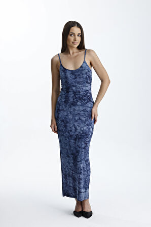 Yırtmaçlı Askılı Likralı Viskon Elbise | ELB35782 Laci Batik