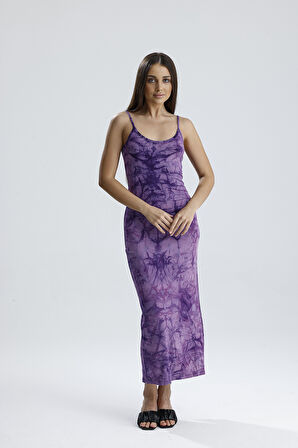 Yırtmaçlı Askılı Likralı Viskon Elbise | ELB35782 Mor Batik