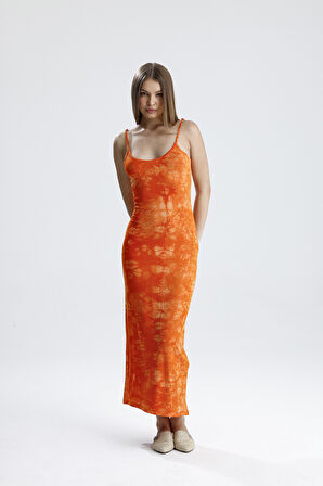 Yırtmaçlı Askılı Likralı Viskon Elbise | ELB35782 ORANJ BATİK