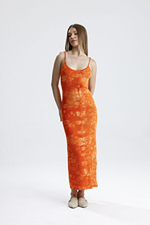 Yırtmaçlı Askılı Likralı Viskon Elbise | ELB35782 ORANJ BATİK