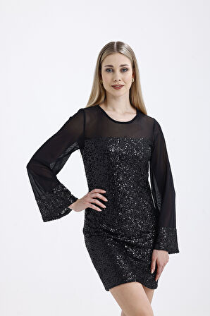 Astarlı Üst Roba Ve Kollar Likralı Tül Garnili Abiye Payet Elbise | ELB36089 Siyah