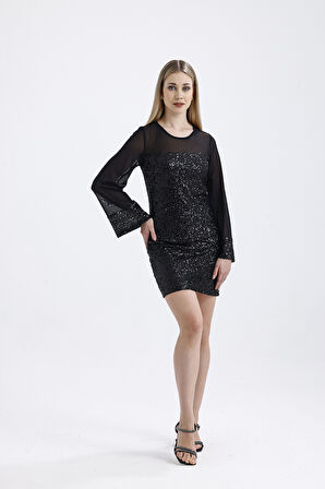 Astarlı Üst Roba Ve Kollar Likralı Tül Garnili Abiye Payet Elbise | ELB36089 Siyah