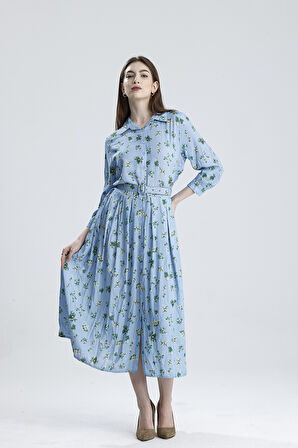 PİLELİ BELİ KEMERLİ ÇİÇEKLİ VİSKON ELBİSE | ELB36219 Mavi Çiçekli