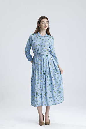 PİLELİ BELİ KEMERLİ ÇİÇEKLİ VİSKON ELBİSE | ELB36219 Mavi Çiçekli