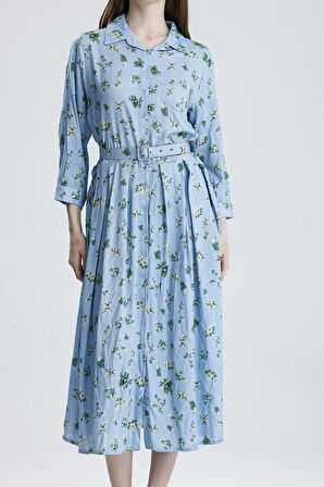 PİLELİ BELİ KEMERLİ ÇİÇEKLİ VİSKON ELBİSE | ELB36219 Mavi Çiçekli