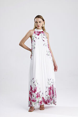 Astarlı Piliseli Uzun Abiye Şifon Elbise | ELB3512 Ekru Fuşya