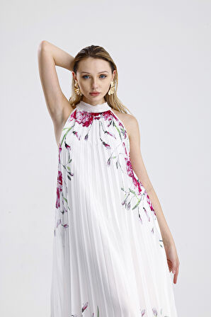 Astarlı Piliseli Uzun Abiye Şifon Elbise | ELB3512 Ekru Fuşya