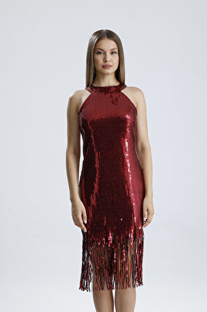 Astarlı Püsküllü Payet Elbise – Işıltılı Gecelerin Yıldızı | ELB36190 Bordo