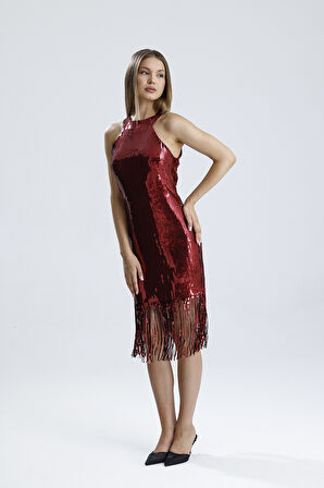 Astarlı Püsküllü Payet Elbise – Işıltılı Gecelerin Yıldızı | ELB36190 Bordo