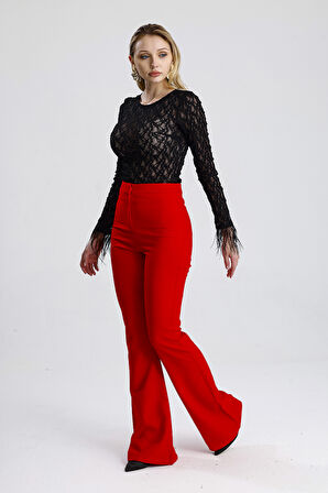 İspanyol Paça Fermuarlı  Cepli Hürrem Pantolon | Pnt35010 Kırmızı