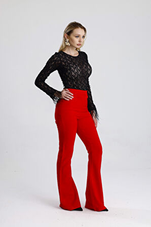 İspanyol Paça Fermuarlı  Cepli Hürrem Pantolon | Pnt35010 Kırmızı