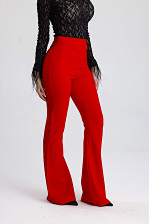 İspanyol Paça Fermuarlı  Cepli Hürrem Pantolon | Pnt35010 Kırmızı