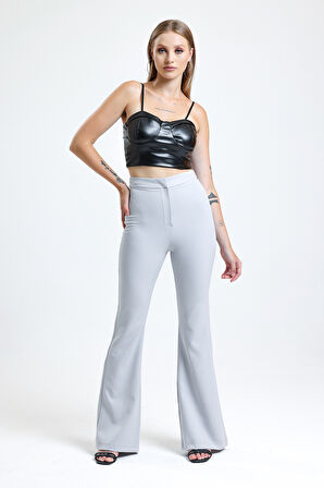 İspanyol Paça Fermuarlı  Cepli Hürrem Pantolon | Pnt35010 Grı