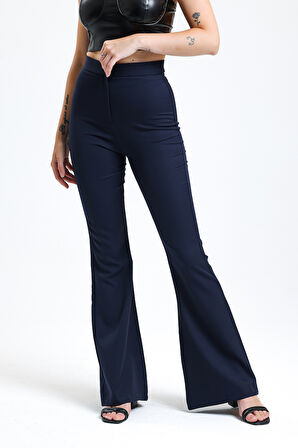 İspanyol Paça Fermuarlı  Cepli Hürrem Pantolon | Pnt35010 Lacivert