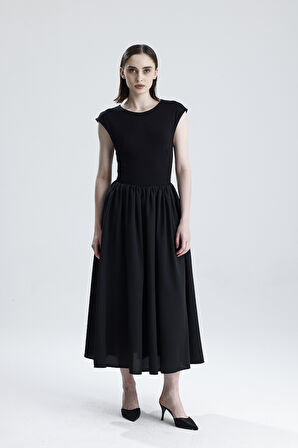 ALT TRİCOTTON ÜST LİKRALI  VİSKON BELİ LASTİKLİ KOLSUZ ELBİSE | ELB36283 Siyah