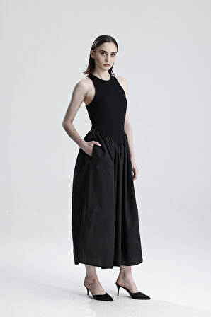 ALT DOKUMA ÜST TÜRLÜ VİSKON KOLSUZ ELBİSE | ELB36288 Siyah