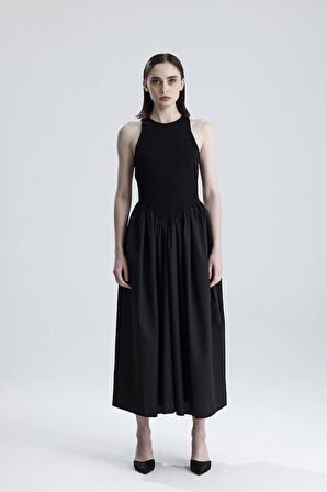 ALT DOKUMA ÜST TÜRLÜ VİSKON KOLSUZ ELBİSE | ELB36288 Siyah