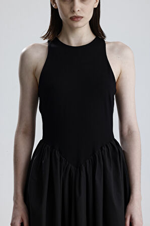 ALT DOKUMA ÜST TÜRLÜ VİSKON KOLSUZ ELBİSE | ELB36288 Siyah