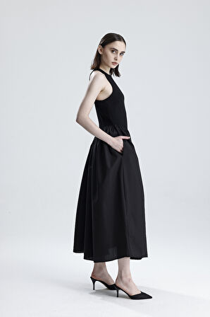 ALT DOKUMA ÜST TÜRLÜ VİSKON KOLSUZ ELBİSE | ELB36288 Siyah