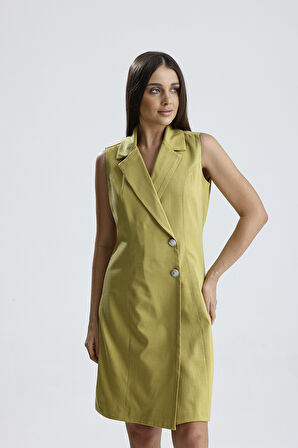 İçi Astarlı Kolsuz Hürrem Uzun Ceket Elbise | Ckt35288 Fıstık Yeşili