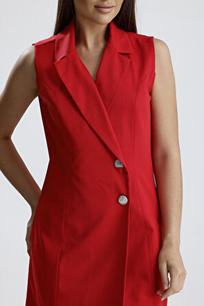 İçi Astarlı Kolsuz Hürrem Uzun Ceket Elbise | Ckt35288 Kırmızı-Kırmızı