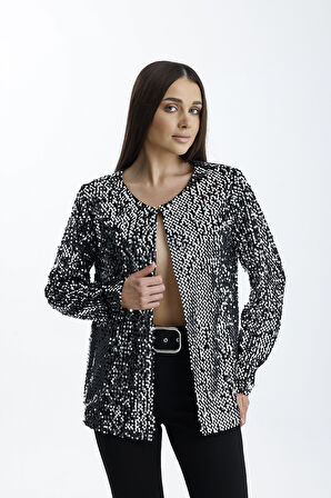 Astarlı Mevsimlik Kadife Üstüne Payet İşleme Abiye Ceket | CKT34356 Siyah Gümüş