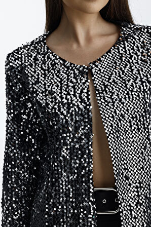 Astarlı Mevsimlik Kadife Üstüne Payet İşleme Abiye Ceket | CKT34356 Siyah Gümüş