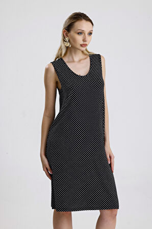 kolsuz Baskılı Midi Viskon Elbise | ELB35852 Siyah K.Puantiye