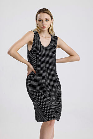 kolsuz Baskılı Midi Viskon Elbise | ELB35852 Siyah K.Puantiye