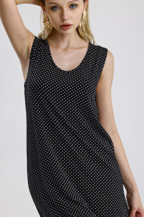 kolsuz Baskılı Midi Viskon Elbise | ELB35852 Siyah K.Puantiye