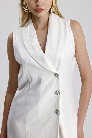 Astarlı Pulpayet Ceket Yakalı Kruvaze Abiye Ceket Elbise | ELB36091 Beyaz