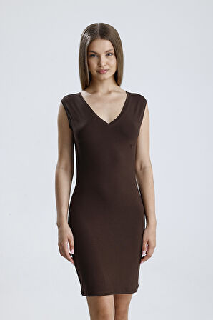 V Yaka Kolsuz Viskon Elbise | Elb35023 Kahve