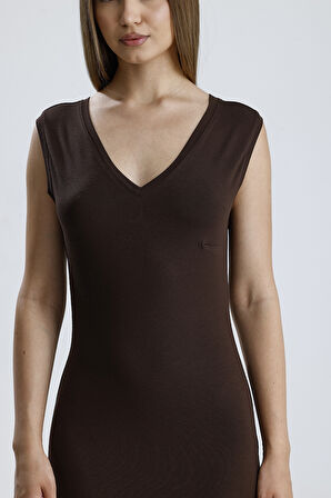 V Yaka Kolsuz Viskon Elbise | Elb35023 Kahve