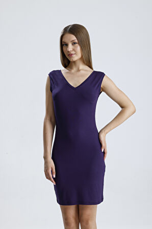 V Yaka Kolsuz Viskon Elbise | Elb35023 Mor