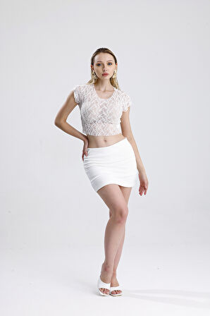 Pis Dikişli Dantel Crop Bluz | BUST36335 Beyaz