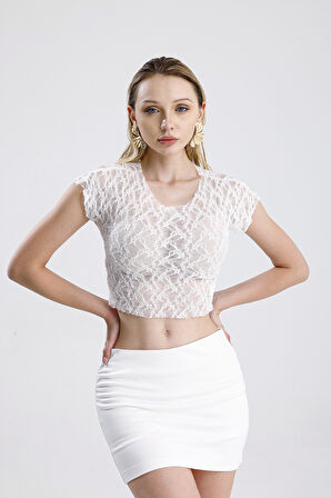 Pis Dikişli Dantel Crop Bluz | BUST36335 Beyaz