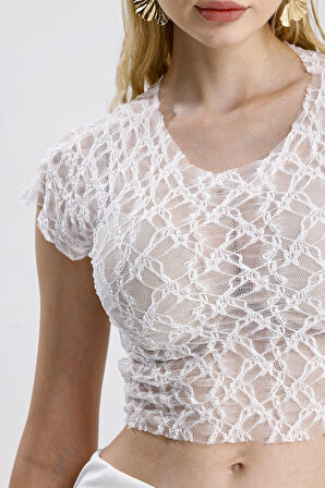 Pis Dikişli Dantel Crop Bluz | BUST36335 Beyaz