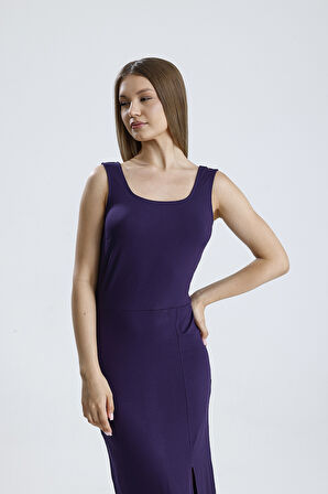 KOLSUZ KARE YAKA YIRMAÇLI ÖRME VİSKON ELBİSE | ELB36253 Mor