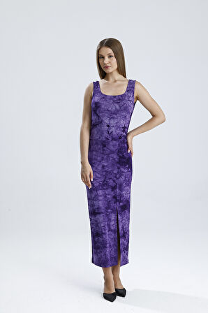 KOLSUZ KARE YAKA YIRMAÇLI ÖRME VİSKON ELBİSE | ELB36253 Mor Batik