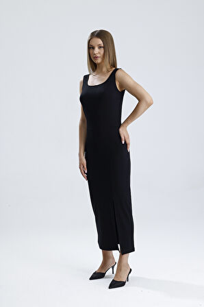 KOLSUZ KARE YAKA YIRMAÇLI ÖRME VİSKON ELBİSE | ELB36253 Siyah