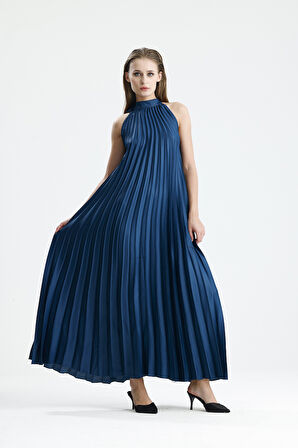 Yüksek Yaka Pile Detaylı Saten  Maxi Elbise | Elb34513 İndigo