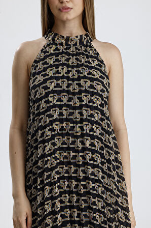 Astarlı Piliseli Uzun Abiye Desenli  Şifon Elbise | ELB35127SF Zincir Desenli