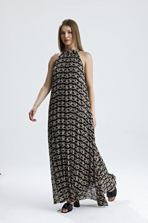 Astarlı Piliseli Uzun Abiye Desenli  Şifon Elbise | ELB35127SF Zincir Desenli